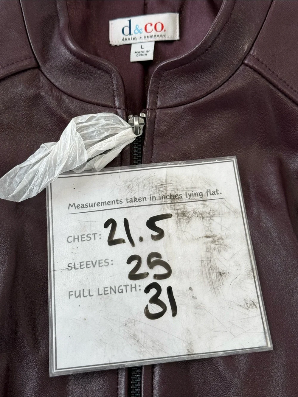 D&Co L Like New Burgundy Leather Zip-Front Jacket 827